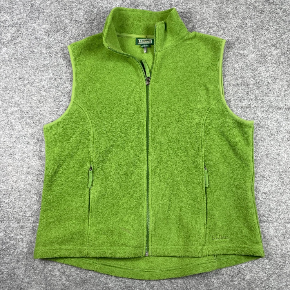 LL Bean Fleece Vest Womens XL Green Full Zip Mock Neck Pockets Outdoor Layering